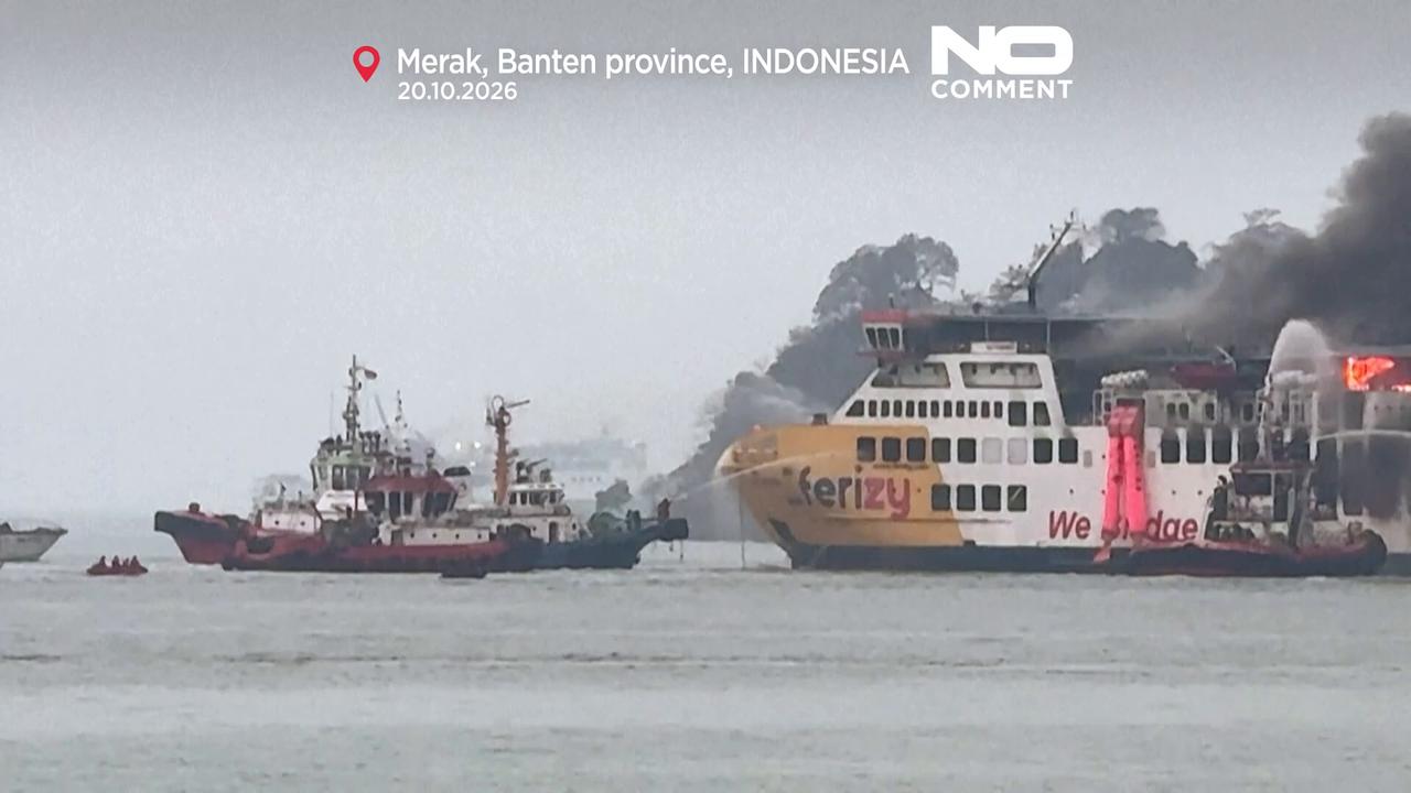 Video thumbnail for Dramatic footage shows ferry engulfed in flames off Indonesia