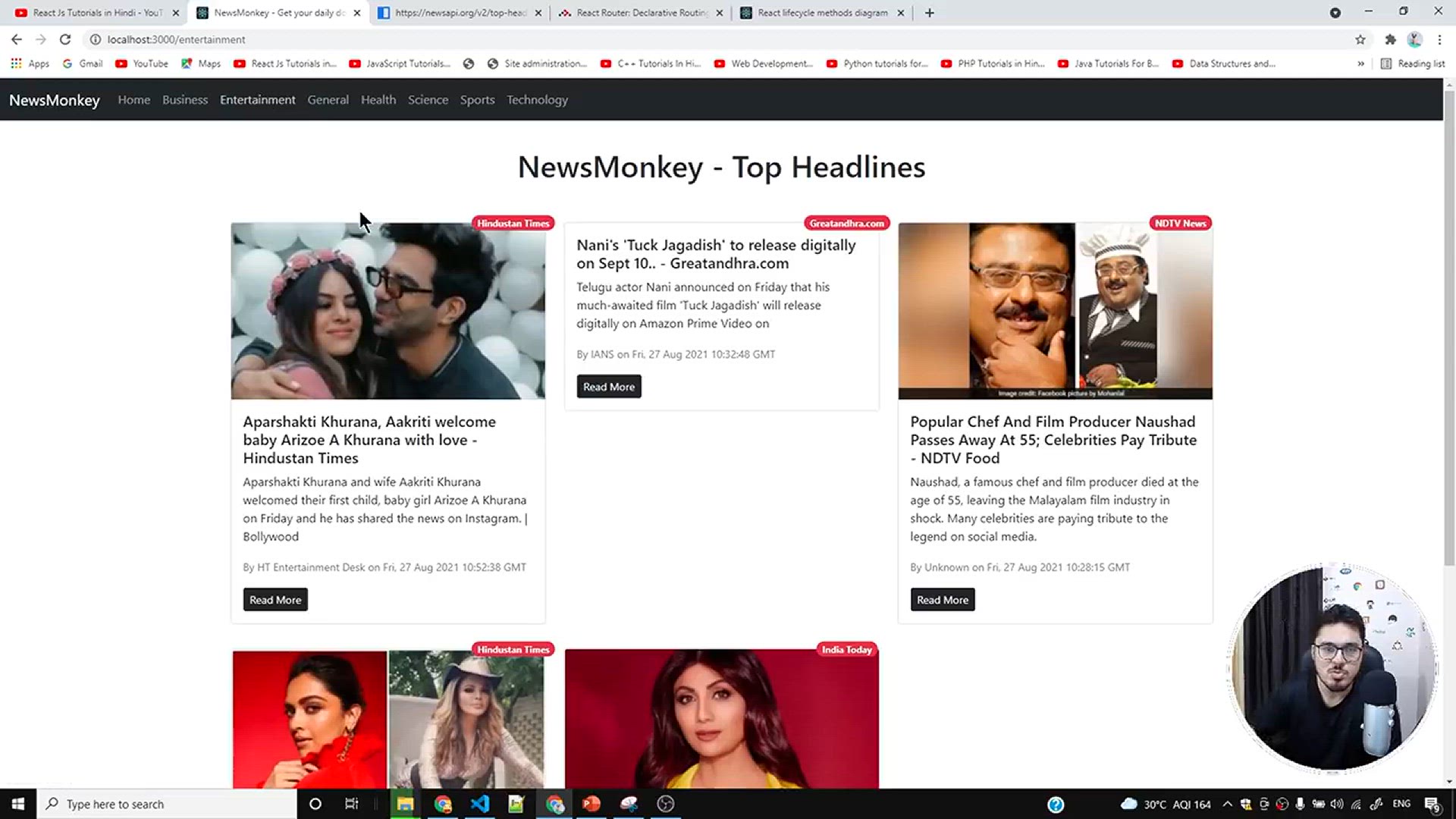 'Video thumbnail for Refactoring News component to use the same function  _ Complete React Course in Hindi #33'