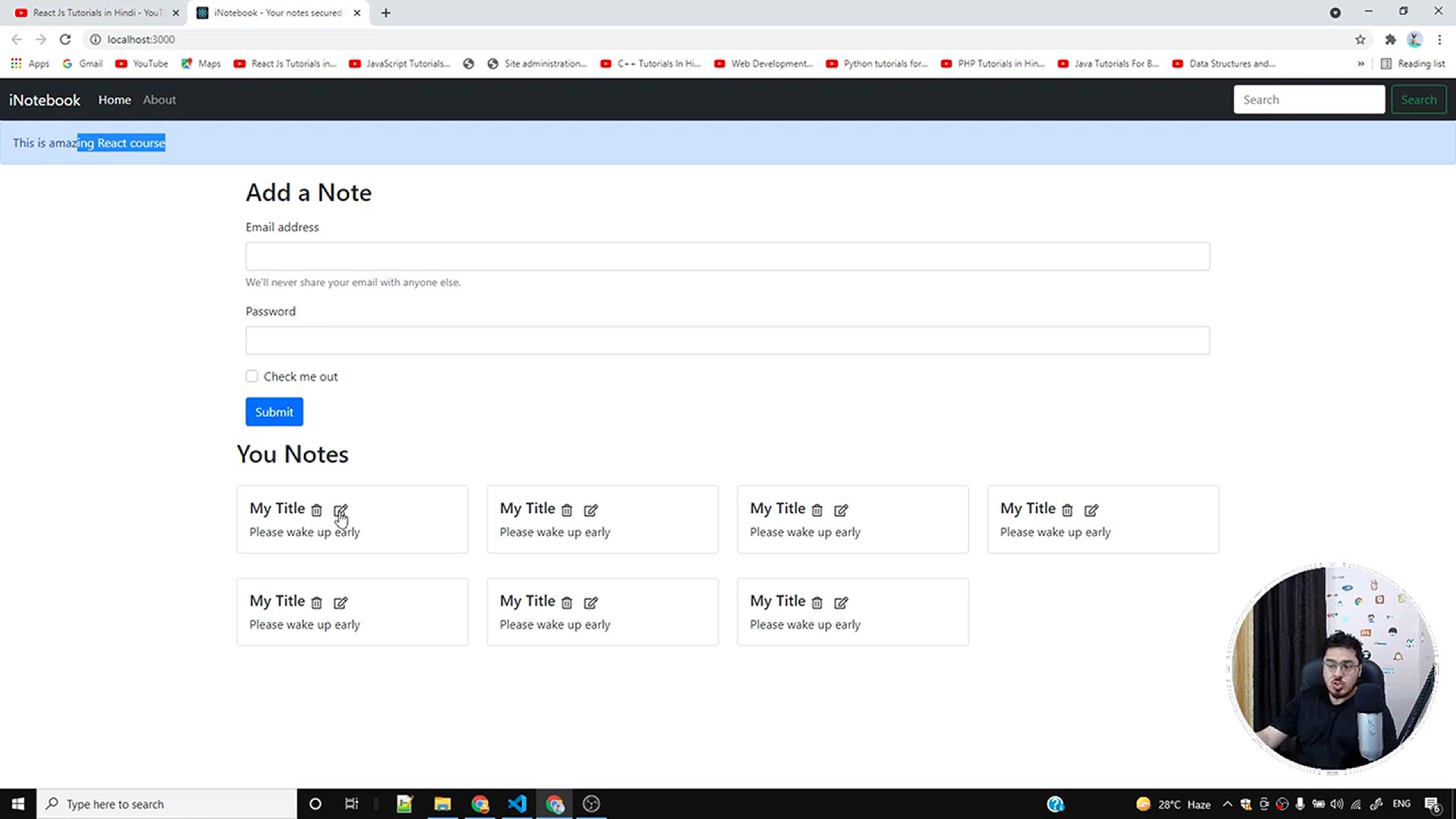 'Video thumbnail for Adding AddNote component to iNotebook _ Complete React Course in Hindi #63'