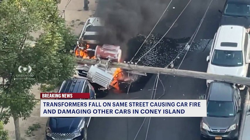 Video thumbnail for Transformer fire brings down utility poles, damages cars in Coney Island