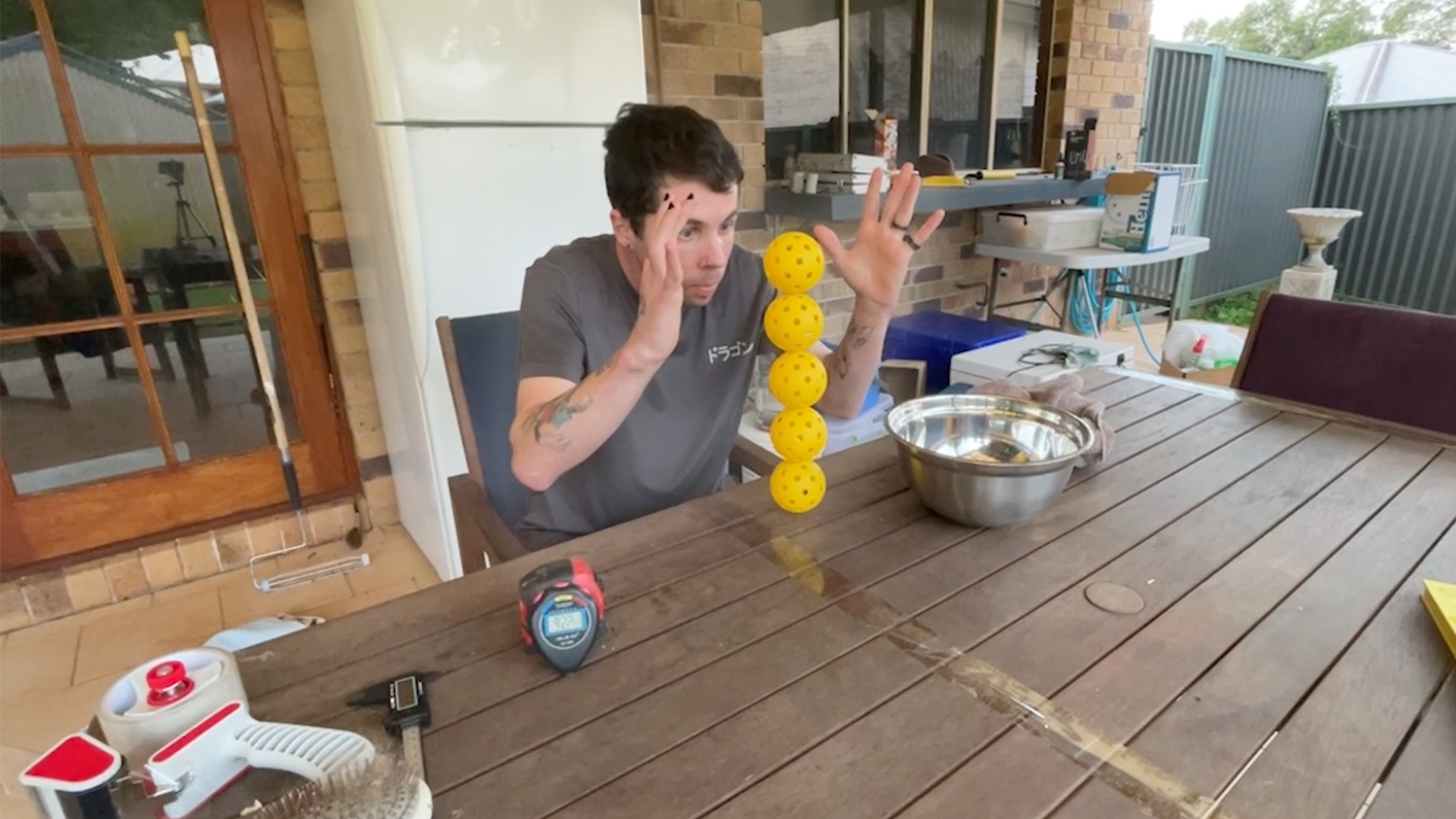 Video thumbnail for Fastest time to stack five outdoor pickleballs - 24.93 seconds by Brendan Kelbie