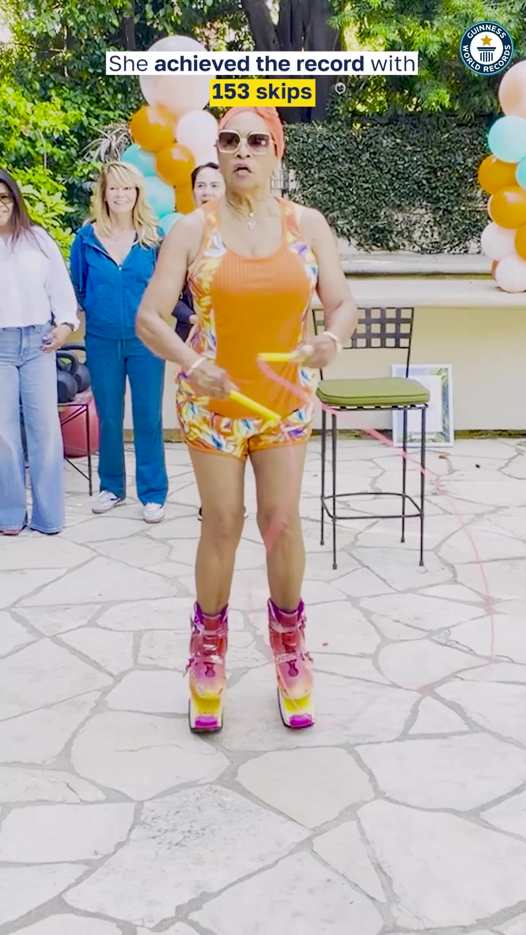Video thumbnail for Most skips of a rope wearing rebound shoes in one minute (female) - 153 by Annie Judas