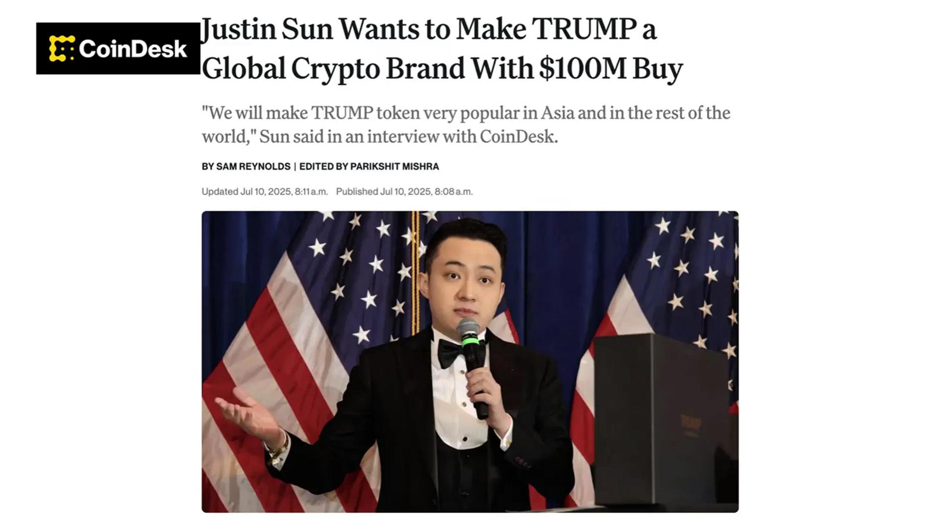'Video thumbnail for Justin Sun Wants to Make TRUMP a Global Crypto Brand'