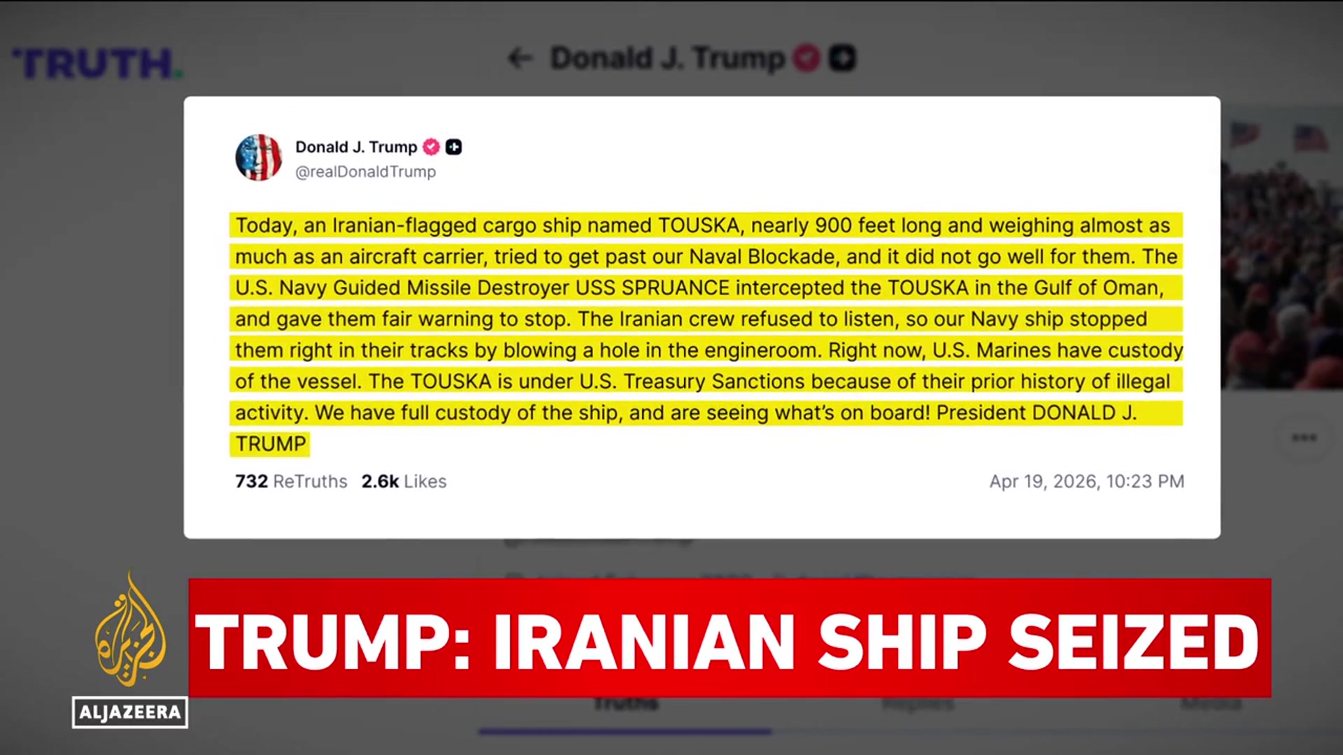 Video thumbnail for Trump says US forces seized an Iranian-flagged vessel in the Strait of Hormuz