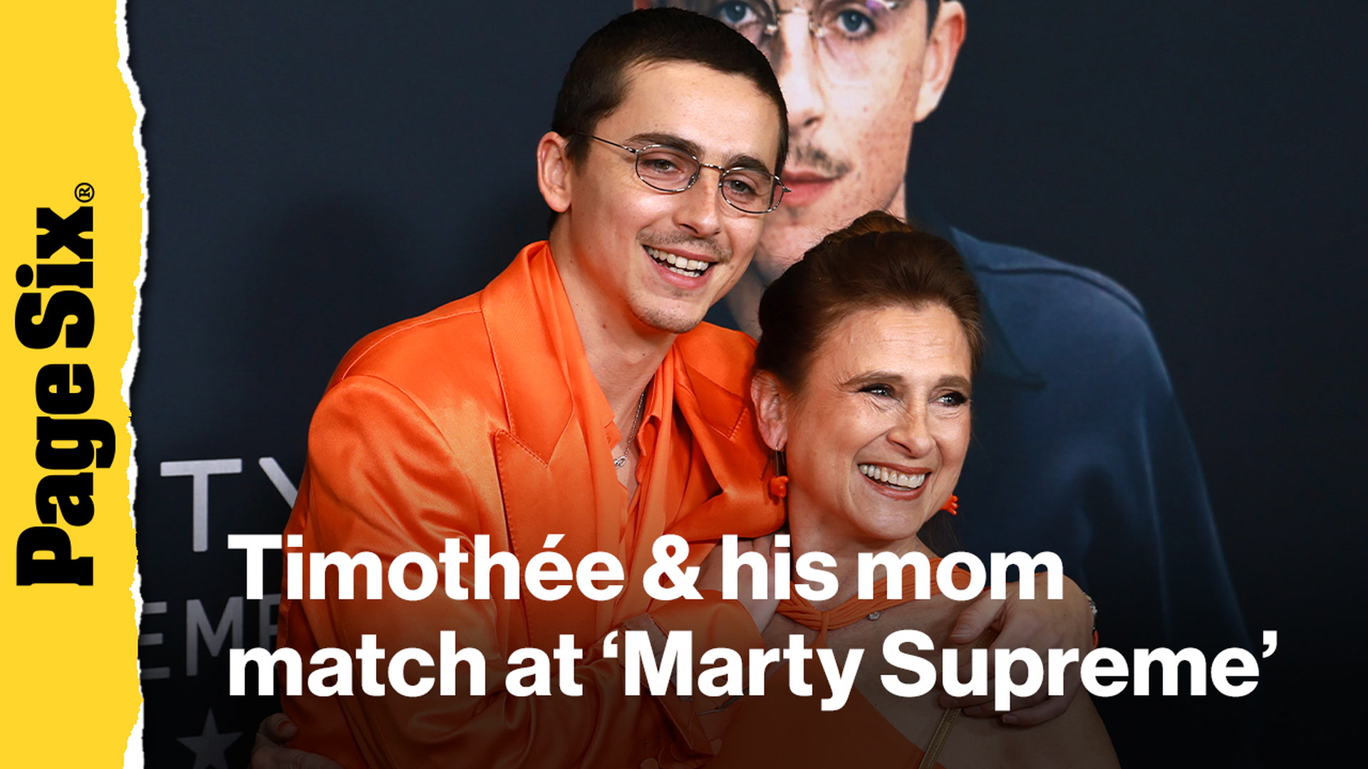Video thumbnail for Timothée Chalamet and his mom match in 'Marty Supreme' orange on NYC premiere red carpet
