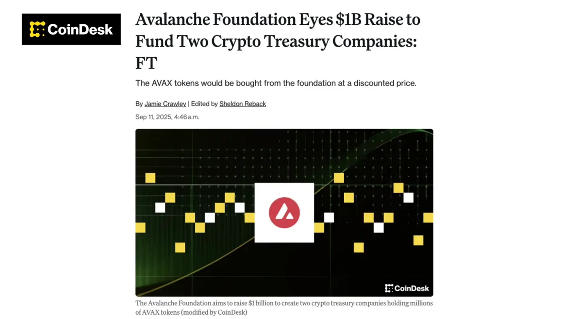 'Video thumbnail for Avalanche Foundation's $1 Billion Crypto Treasury Raise'
