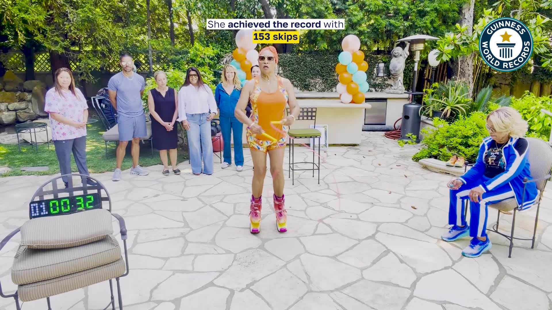 Video thumbnail for Most skips of a rope wearing rebound shoes in one minute (female) - 153 by Annie Judas