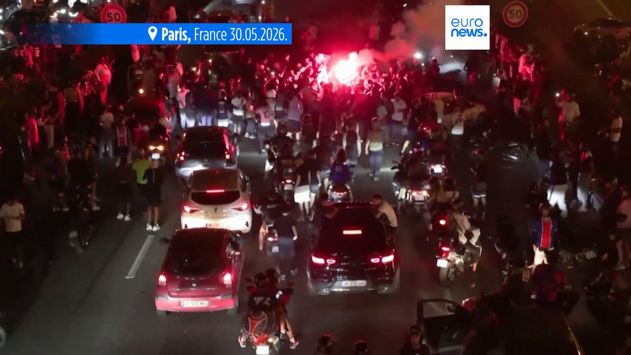 Video thumbnail for French police detain hundreds in Paris after violent celebrations of PSG’s Champions League title