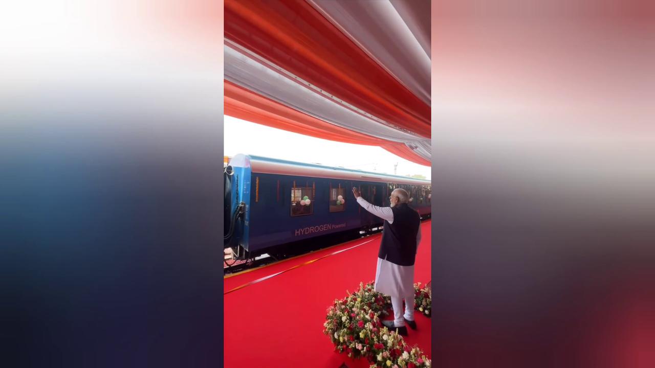 Video thumbnail for India: PM Modi flags off India’s first Hydrogen train in Jind, Haryana.