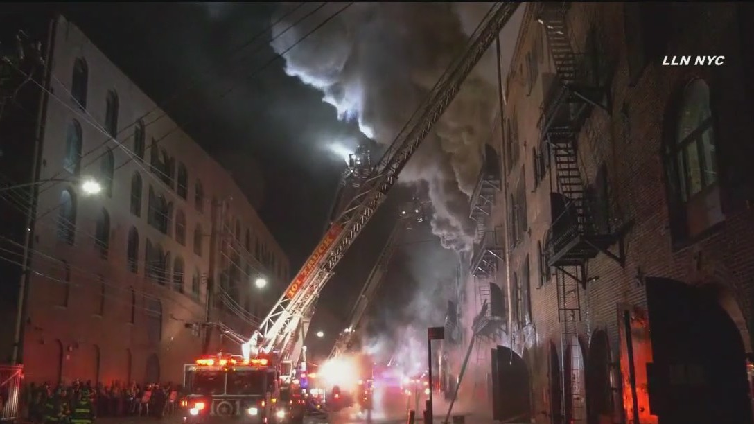 Video thumbnail for Five-alarm warehouse fire in Brooklyn