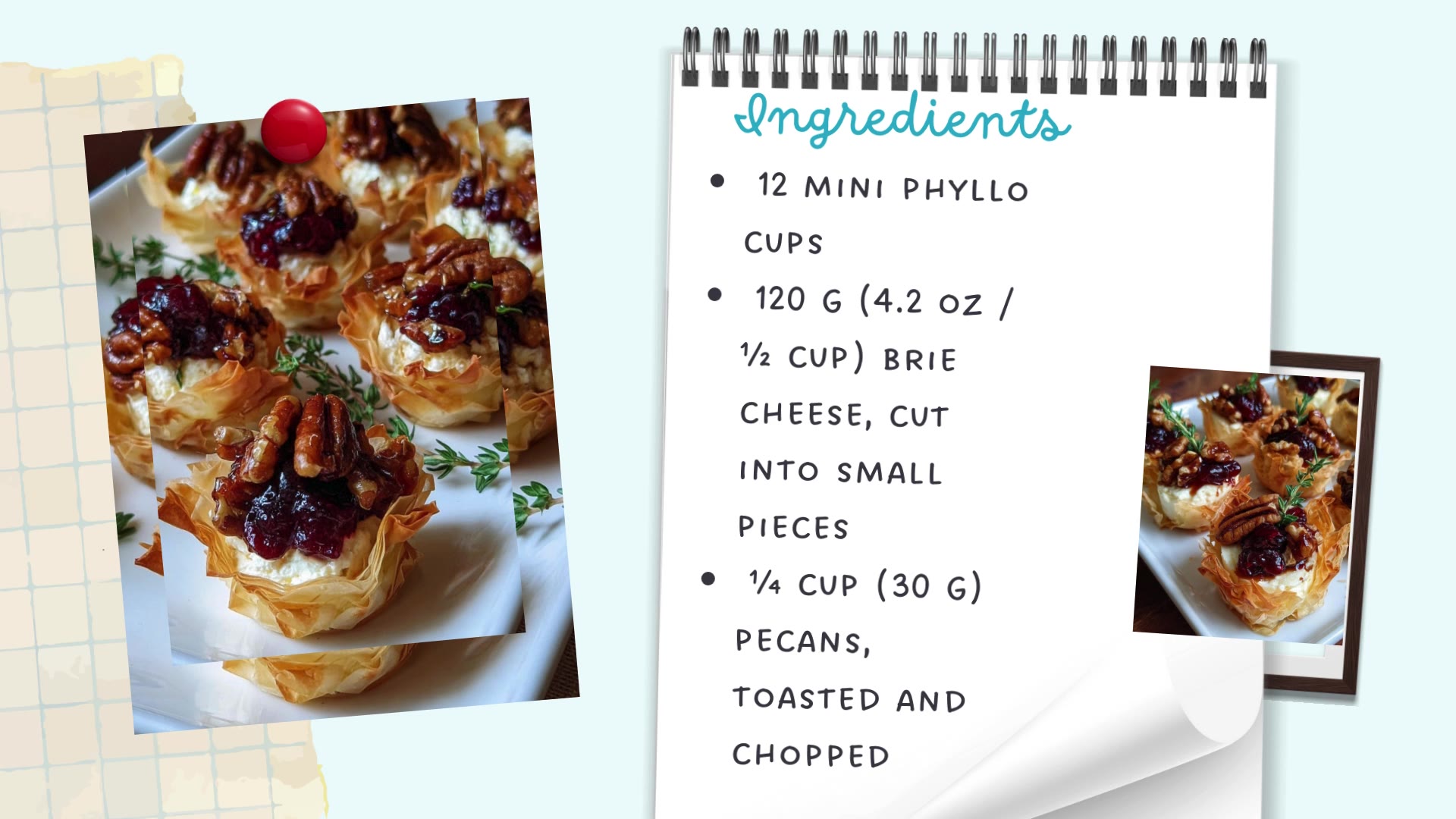 Video thumbnail for Mini Phyllo Cups with Brie, Pecans & Cranberry Drizzle – Bite-Sized, Festive & Irresistible