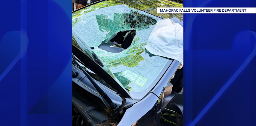 Video thumbnail for Rock crashes through windshield on Taconic State Parkway, driver narrowly escapes serious injury
