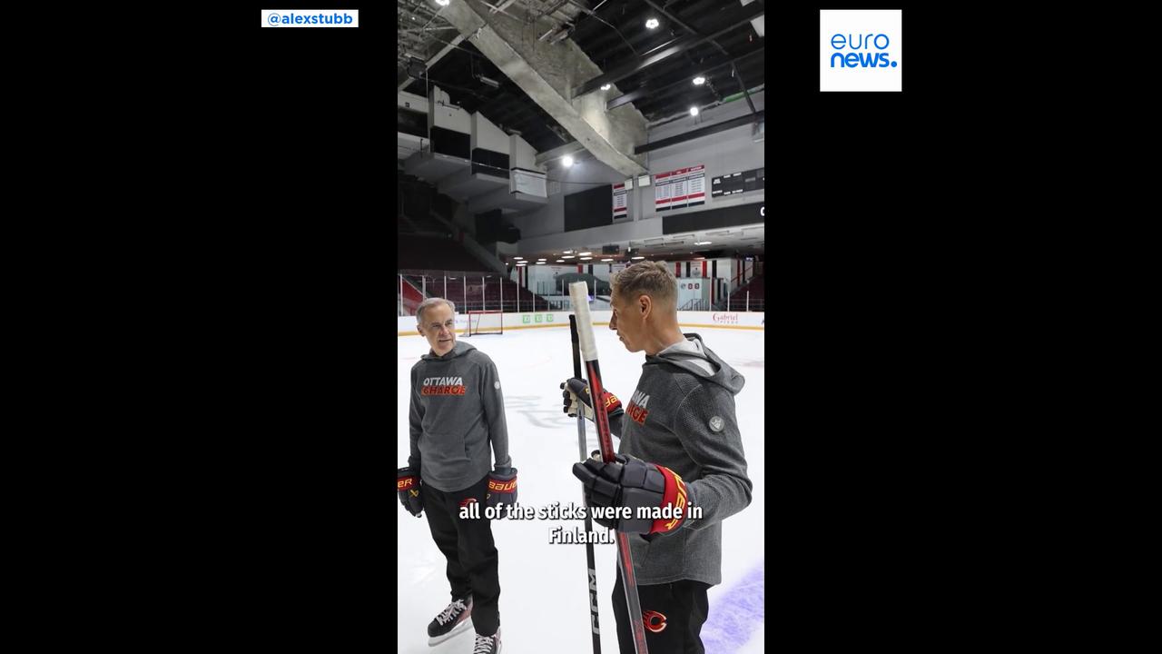 Video thumbnail for Canada's Mark Carney, Finland's Alexander Stubb play hockey during official visit