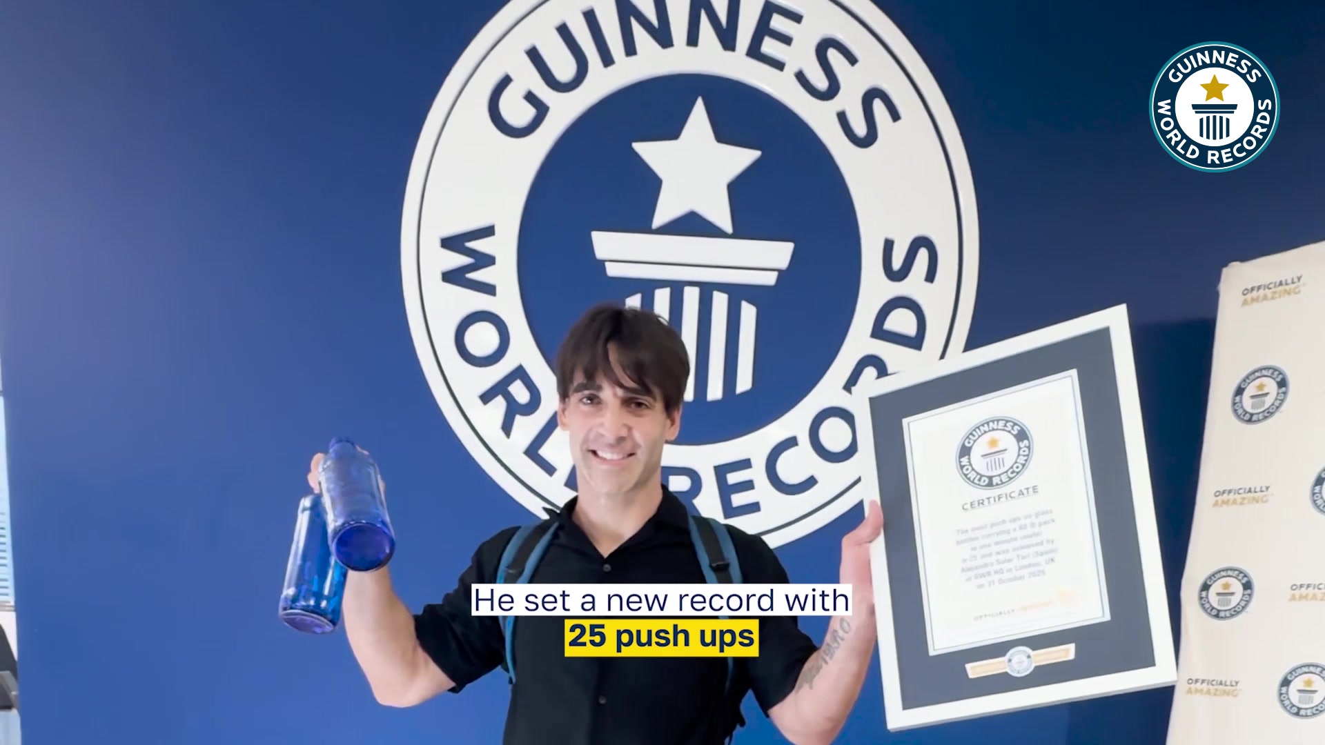 Video thumbnail for Most push ups on glass bottles carrying a 60lb pack - 225 by Alejandro Soler Tari