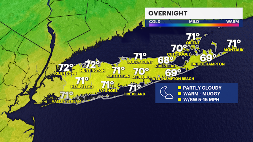 Video thumbnail for Dry and muggy overnight; hot and humid weather continues Tuesday on Long Island