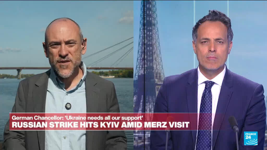 Video thumbnail for Russian strike hits Kyiv amid Chancellor Merz visit