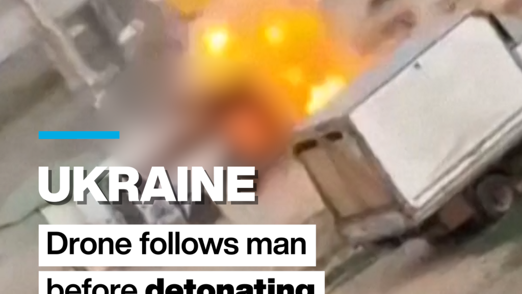 Video thumbnail for Ukraine: Drone follows man before detonating and injuring him
