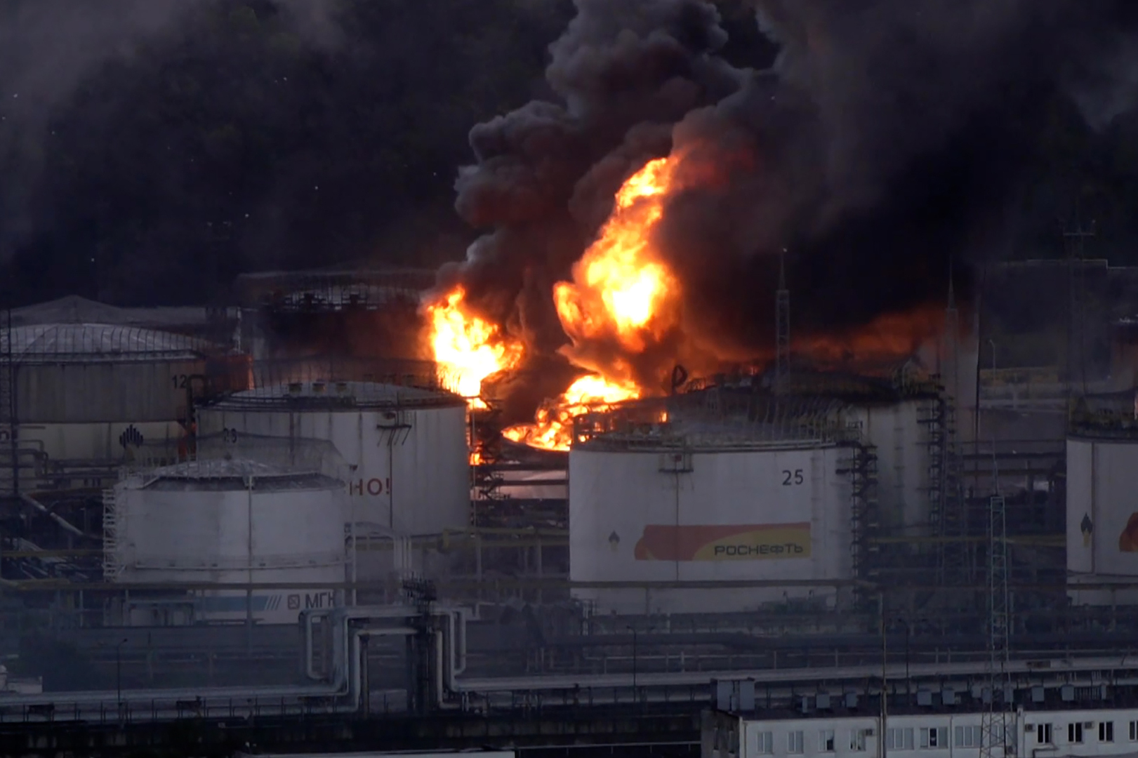 Video thumbnail for Fires ignited by Ukrainian drones rage at Russian oil refinery