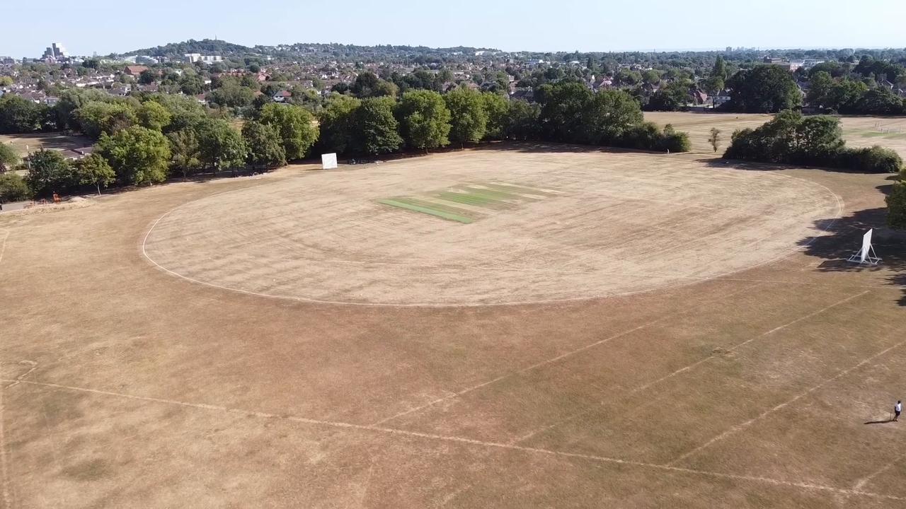 Video thumbnail for UK: DRONE - London parks dry out amid prolonged heat and lack of rain.