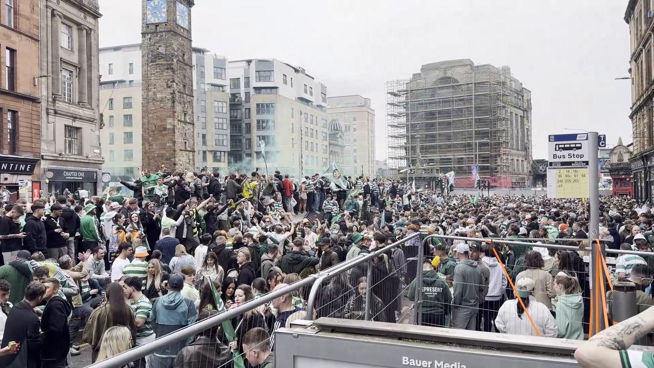 Video thumbnail for Scotland: Celtic FC title celebrations in Glasgow’s Merchant City.
