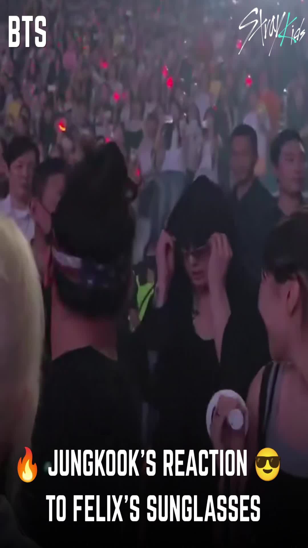 Video thumbnail for When Felix threw his sunglasses to the fans... but Jungkook ended up wearing them instead! 😭😎