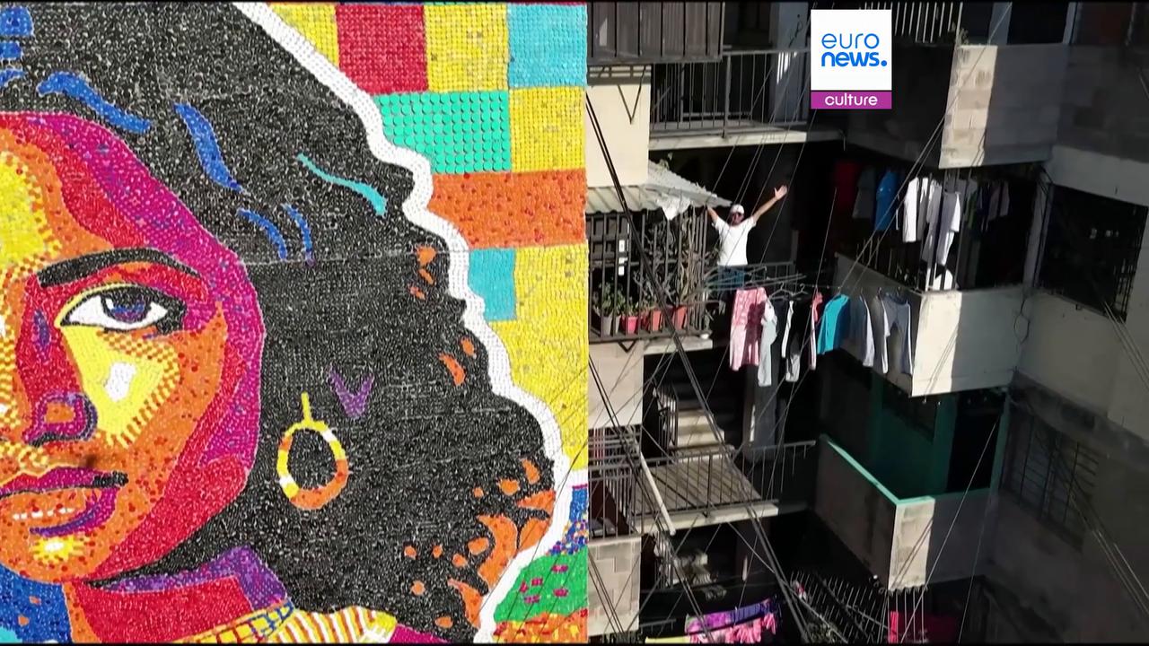 Video thumbnail for More than 100,000 plastic lids complete world's tallest recycled mural in El Salvador