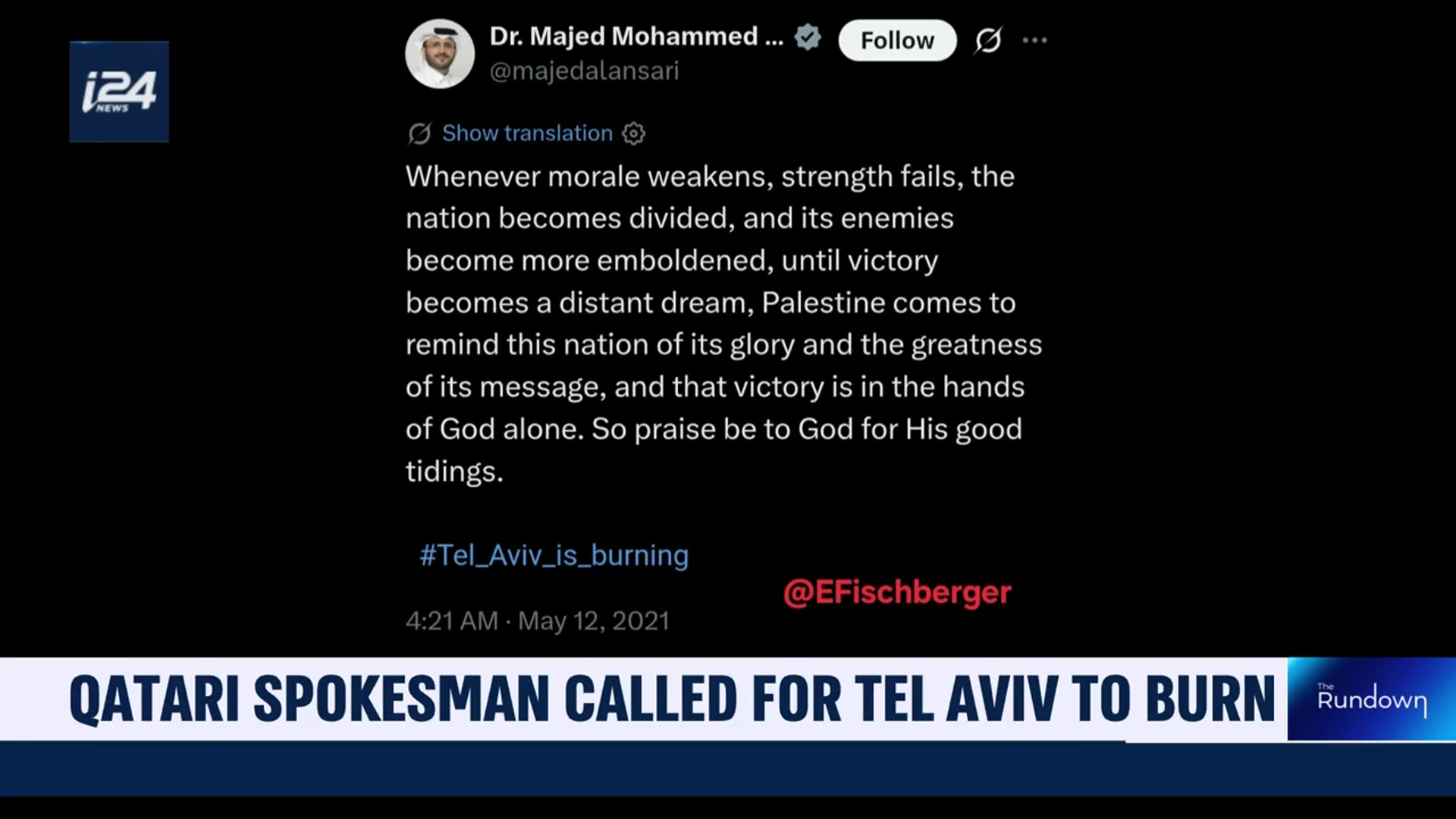 'Video thumbnail for Qatari spokesman calls for Tel Aviv to burn'