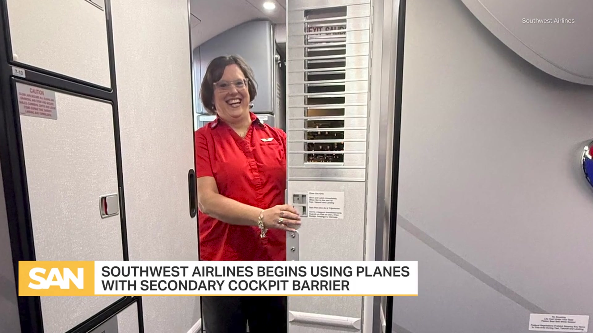 'Video thumbnail for Southwest Airlines begins using planes with secondary cockpit barrier'