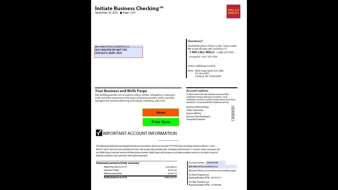 Video thumbnail for 3 Months Wells Fargo Bank Statement Template (July, August, September 2023) Business