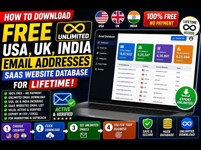 Video thumbnail for How to Download FREE UNLIMITED USA,UK,INDIA Email Addresses SAAS Website Database For LIFETIME