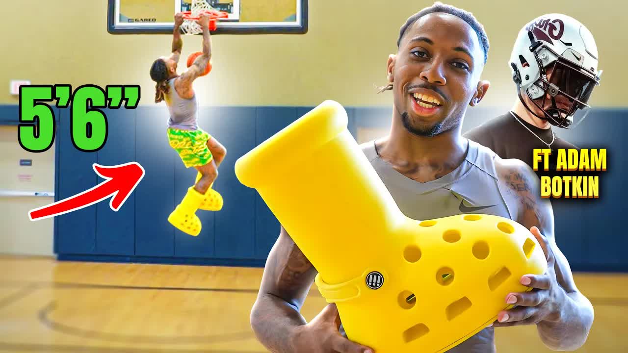 Video thumbnail for IS IT POSSIBLE AT 5’6” TO DUNK IN BIG YELLOW CROCS!(FT ADAM BOTKIN)
