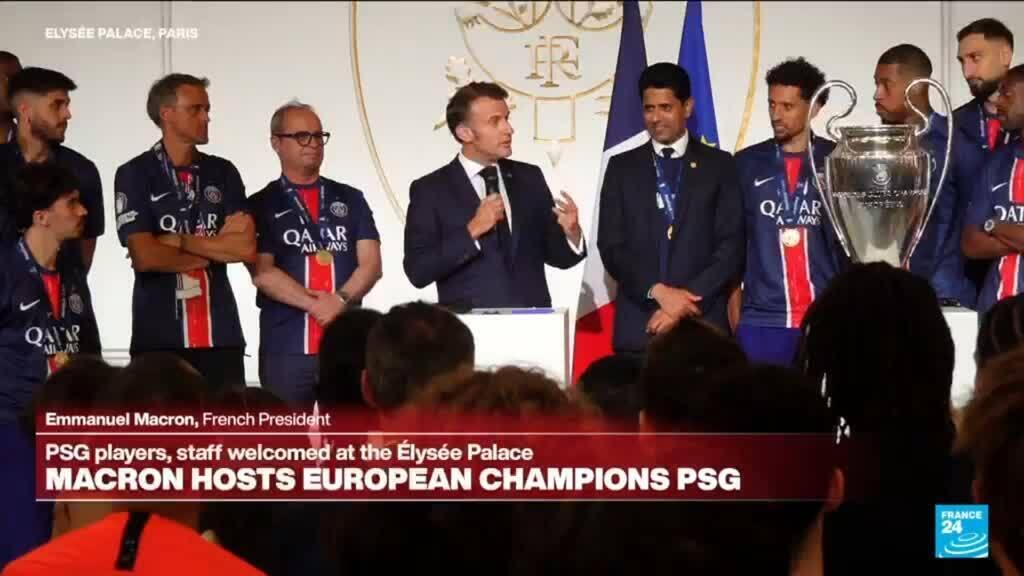 Video thumbnail for Macron hosts European Champions PSG at Elysée Palace and delivers speech
