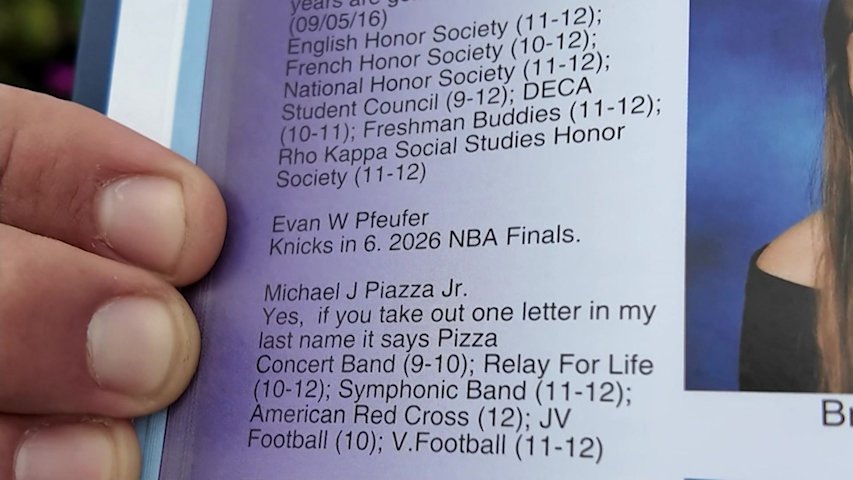 Video thumbnail for 'Knicks in 6. 2026 NBA Finals,' LI man's senior year book prediction goes viral as Knicks reach NBA Finals