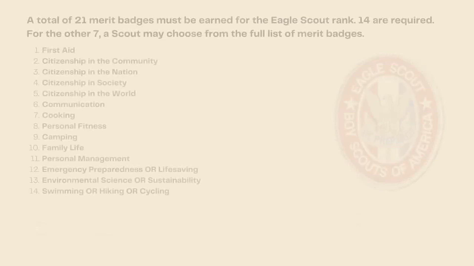 'Video thumbnail for What Merit Badges are required for Eagle Scout Rank?'