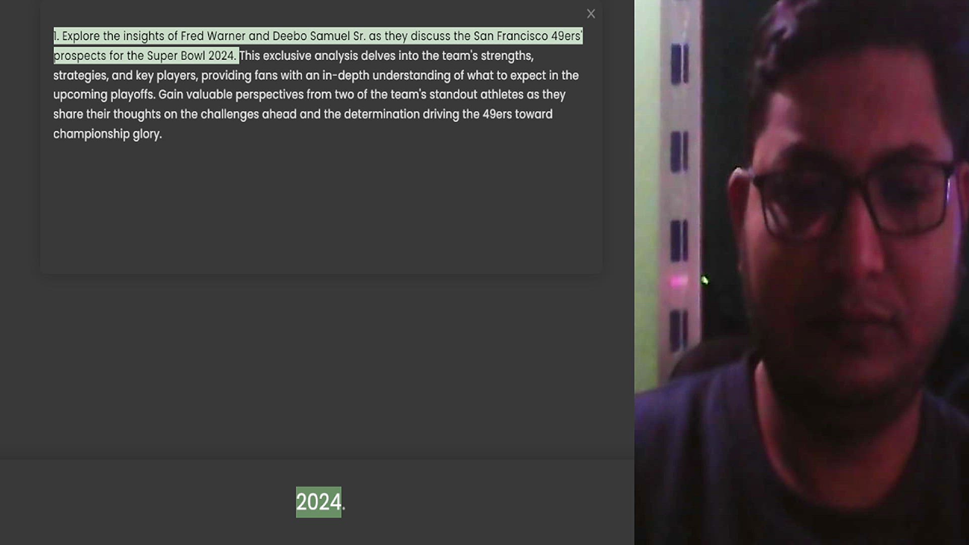 Video thumbnail for 1. Explore the insights of Fred Warner and Deebo Samuel Sr. as they discuss the San Francisco 49ers' prospects for the Super Bowl 2024. This exclusive analysis delves into the team's strengths, strategies, and key players, providing fans