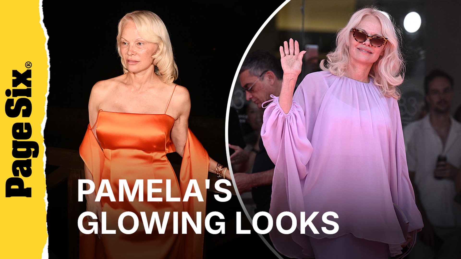 Video thumbnail for Pamela Anderson glows in electric orange and lilac at Venice Film Festival