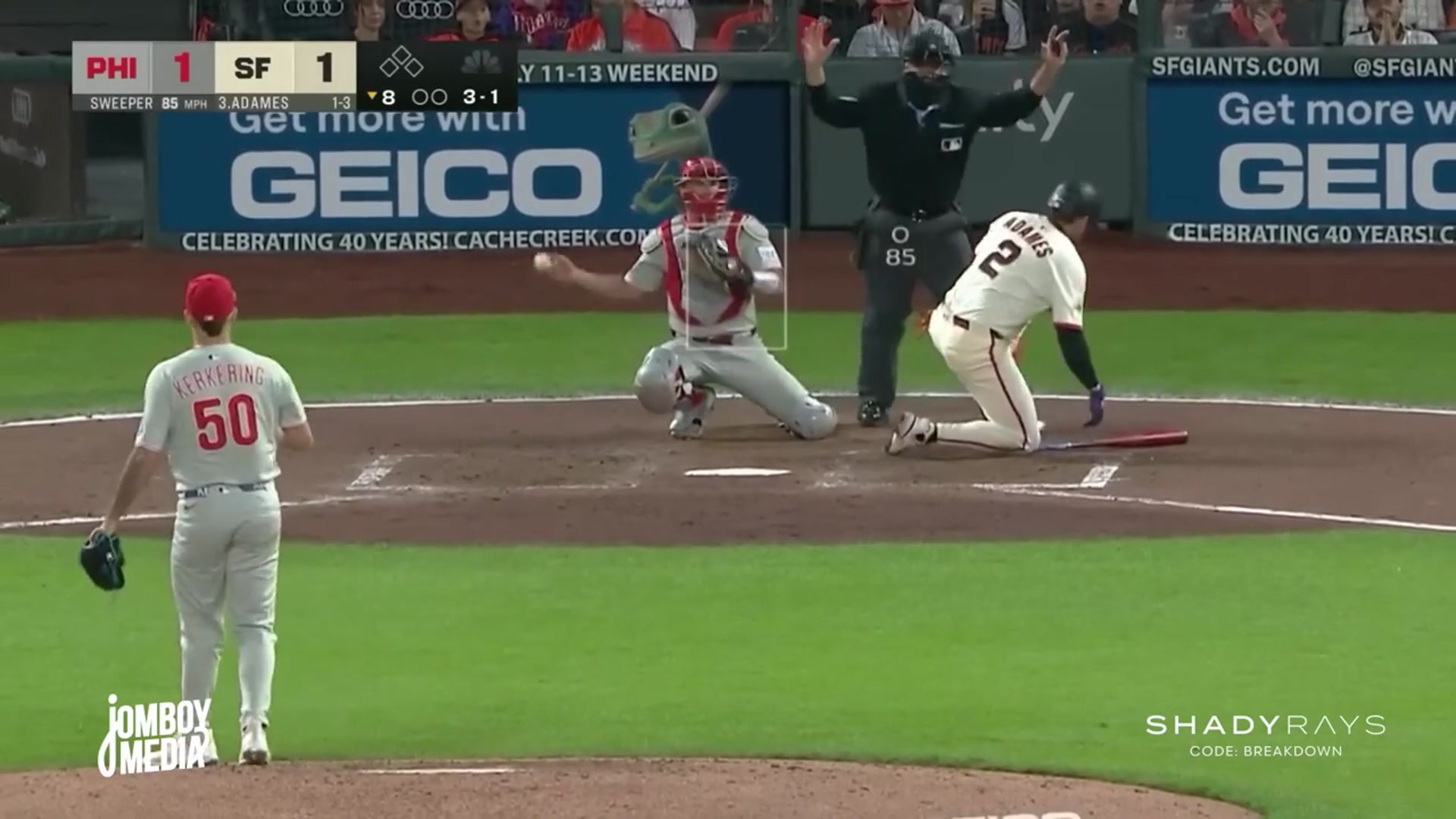 'Video thumbnail for Umpire misses three strike three calls to gift the Giants a lead over the Phillies, a breakdown'