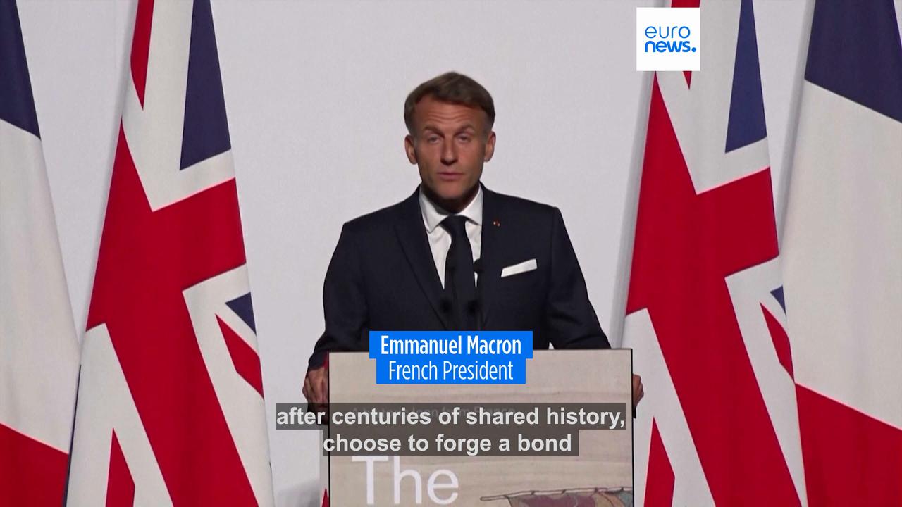 Video thumbnail for Macron and King Charles hail UK-France ties at Bayeux Tapestry viewing