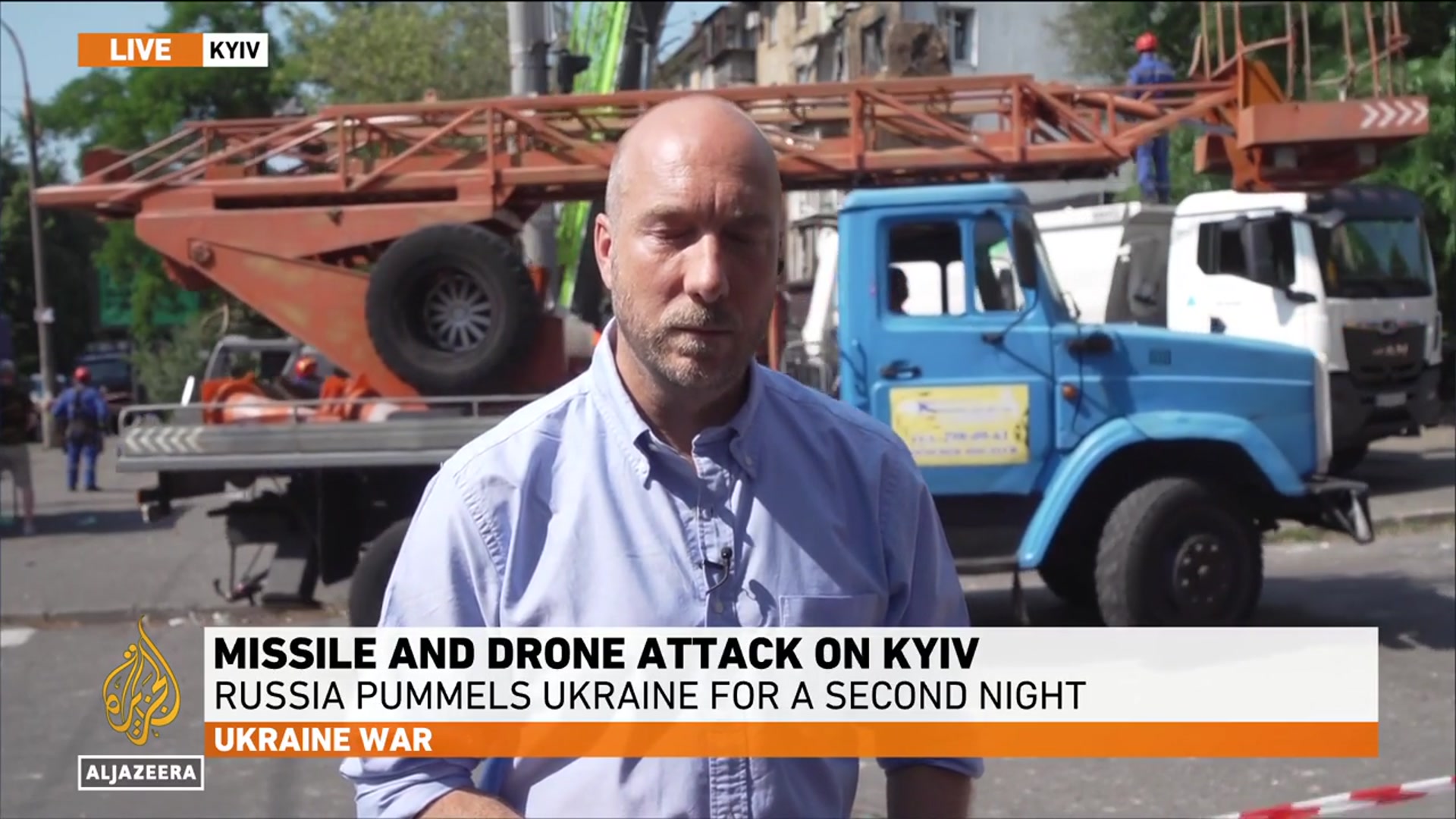 'Video thumbnail for Russia fired large barrage of drones and missiles on Ukraine's Kyiv, killing two people'