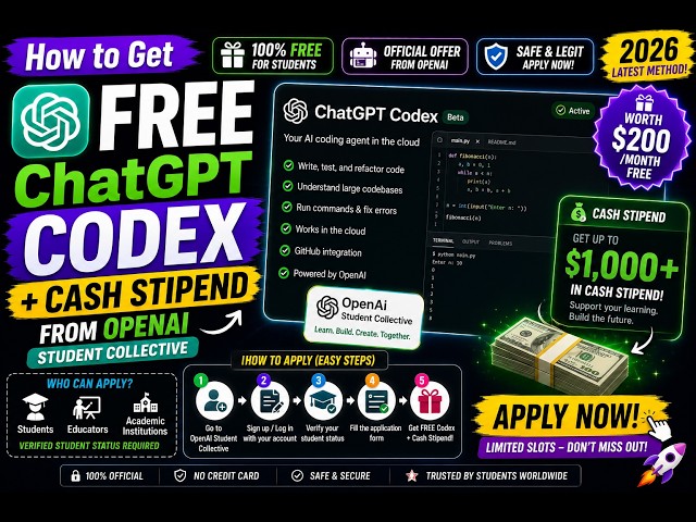 Video thumbnail for How to Get FREE ChatGPT Codex + Cash Stipend from OpenAI - Student Collective Apply Now 2026