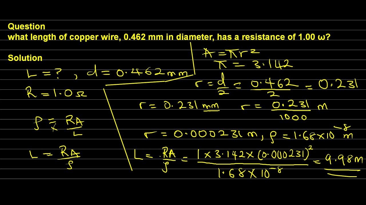'Video thumbnail for what length of copper wire, 0 462 mm in diameter, has a resistance of 1 00 ω'