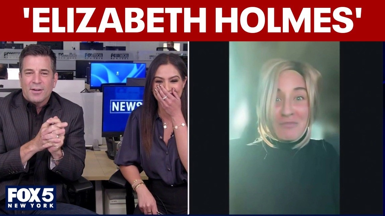 Video thumbnail for Elizabeth Holmes impersonator visits FOX 5 NY