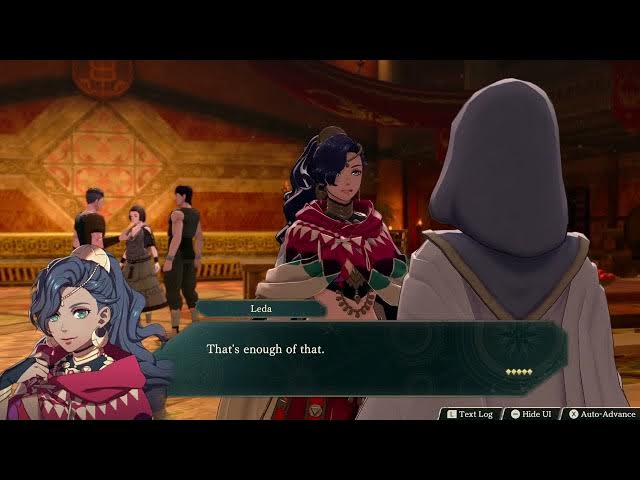 Video thumbnail for Fire Emblem: Fortune's Weave - 1 Leda Path Ch 4: Head To The Tavern: Leda Meets Aswan Cutscene