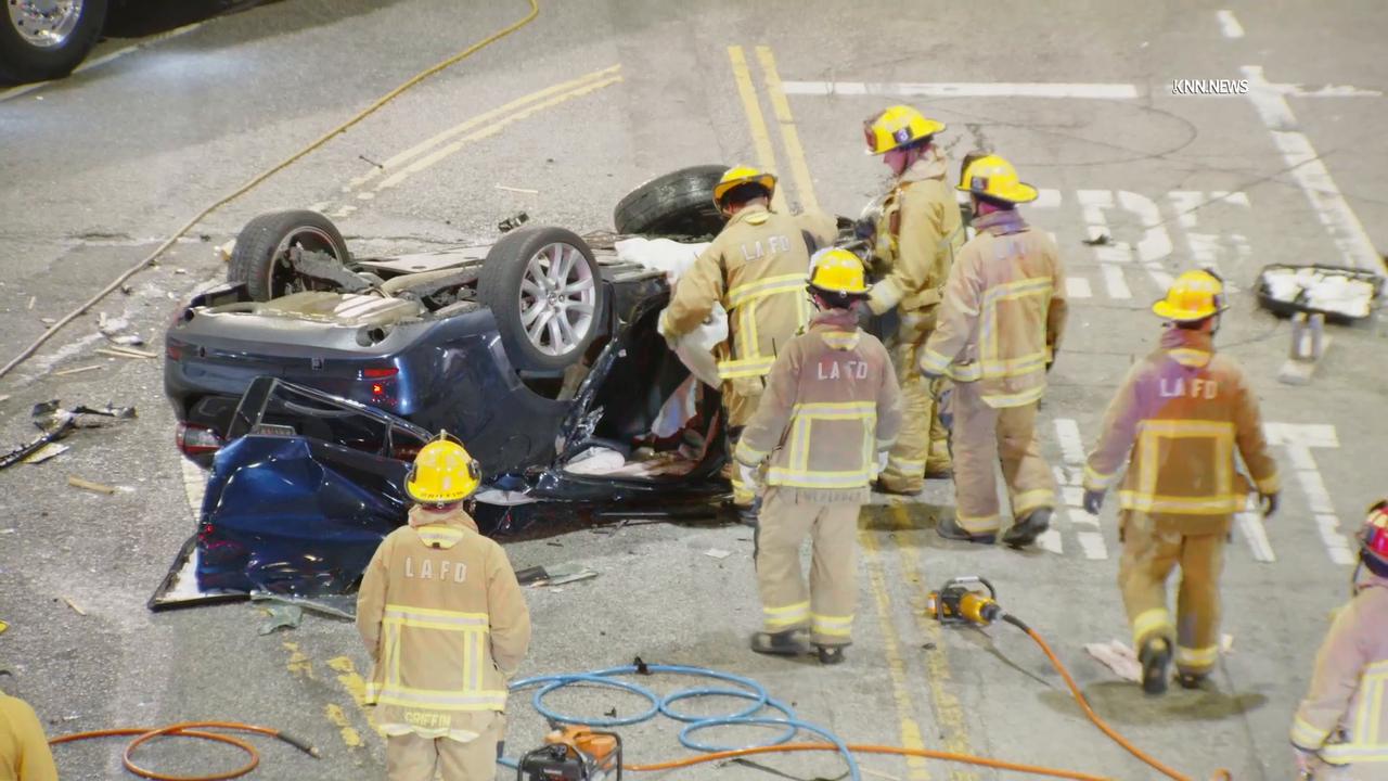 Video thumbnail for US, Los Angeles: Downtown Los Angeles Driver Killed After Car Flies Off Grand Ave With Sound On Tape.