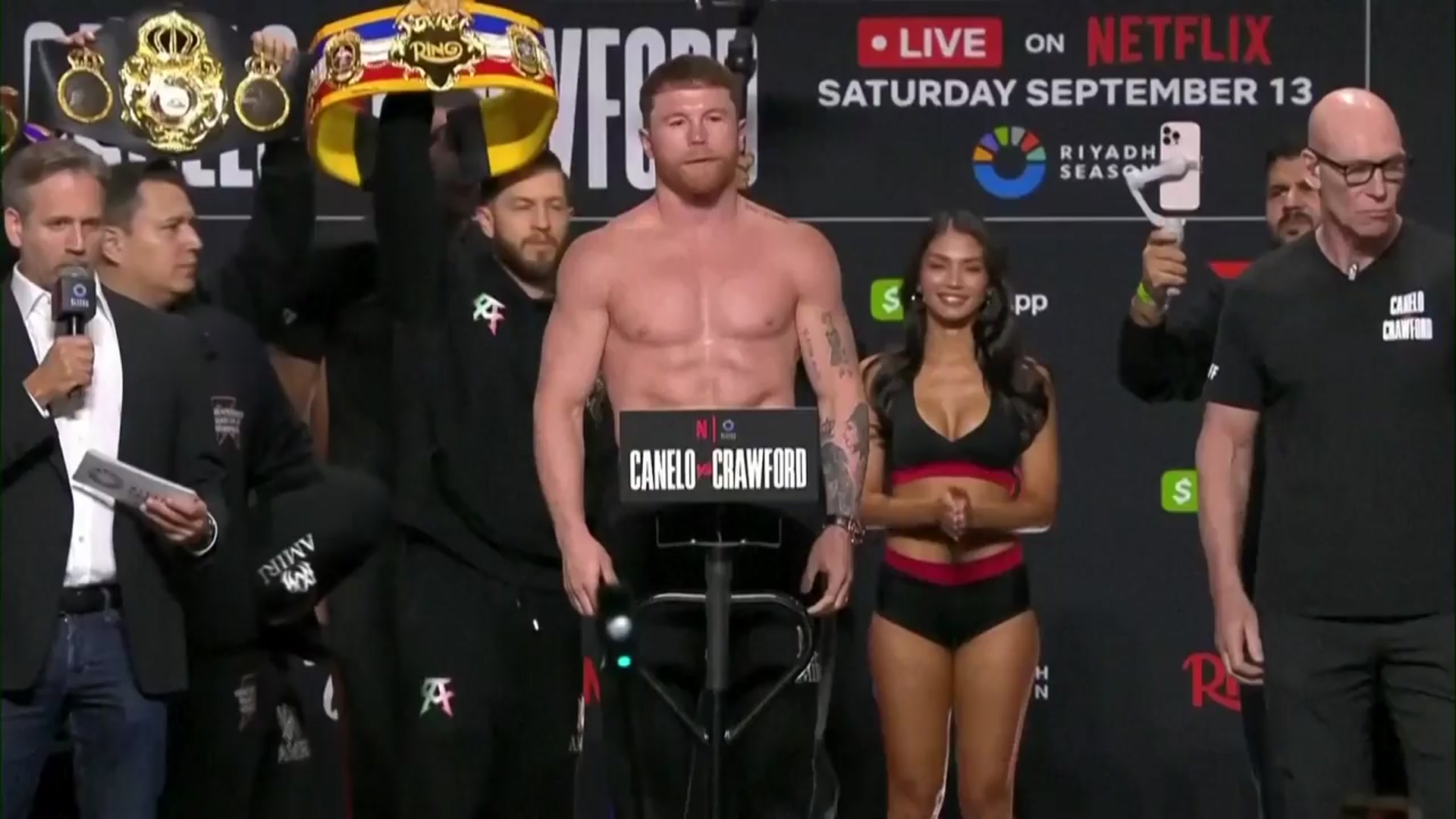 'Video thumbnail for Both Canelo and Crawford weigh in at 167.5 pounds ahead of Las Vegas fight'