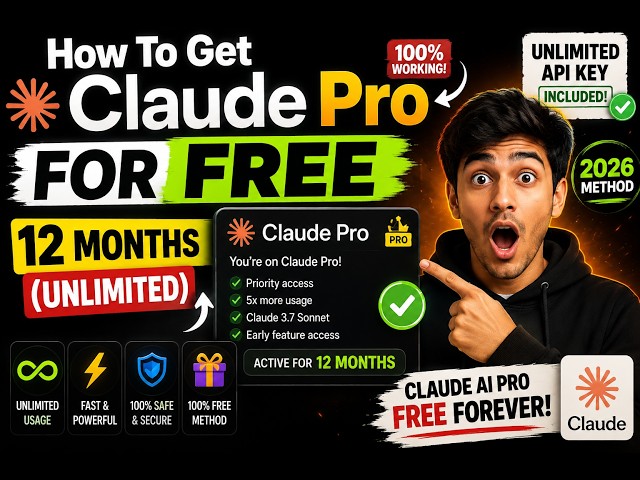 Video thumbnail for How To Get Claude Pro For FREE 12 Months (Unlimited) in 2026 - Claude AI Pro Free Unlimited API Key