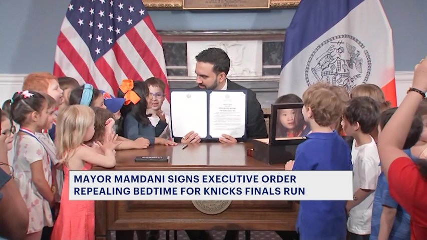 Video thumbnail for Mamdani signs order repealing bedtimes for Knicks Finals run