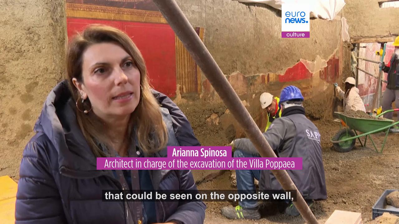 Video thumbnail for 'Vivid' frescoes emerge from restored Ancient Roman villa near Pompeii