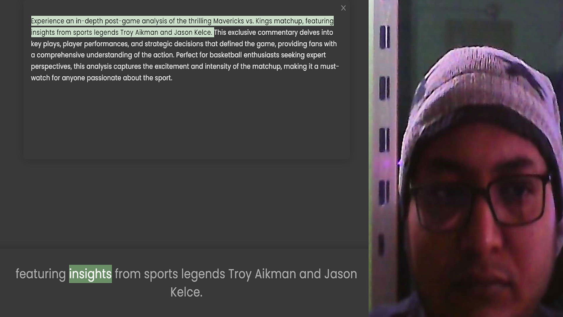 Video thumbnail for Experience an in-depth post-game analysis of the thrilling Mavericks vs. Kings matchup, featuring insights from sports legends Troy Aikman and Jason Kelce. This exclusive commentary delves into key plays, player performances, and strategi