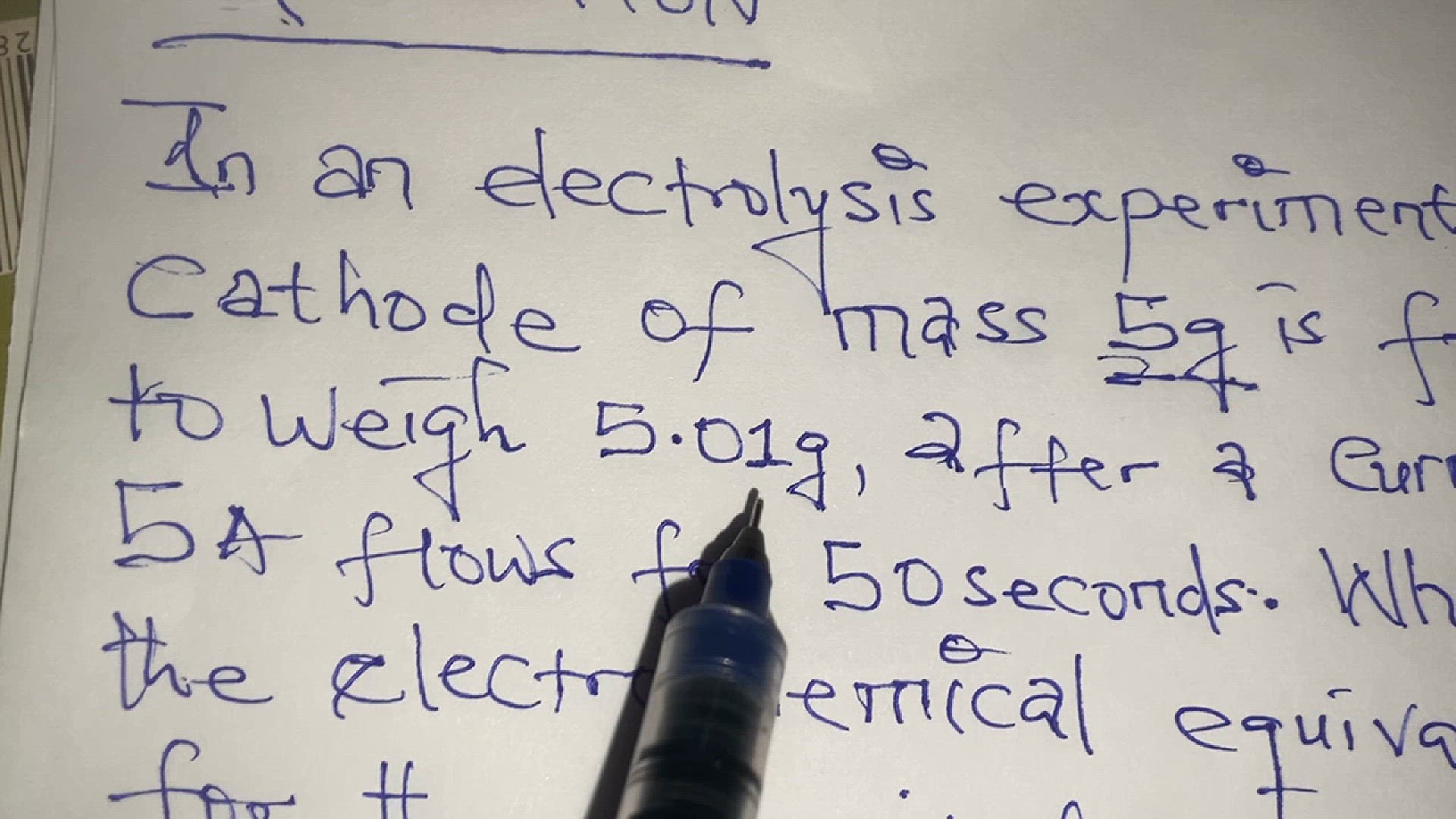 'Video thumbnail for In an Electrolysis Experiment, a cathode of mass 5g is found to weigh 5.01g, after a current of 5A flows for 50 seconds. What is the electrochemical equivalent for the deposited substance?'